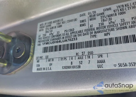 2020 Ford Escape Sel z USA, uszkodzony, nr VIN 1FMCU0H64LUA70233